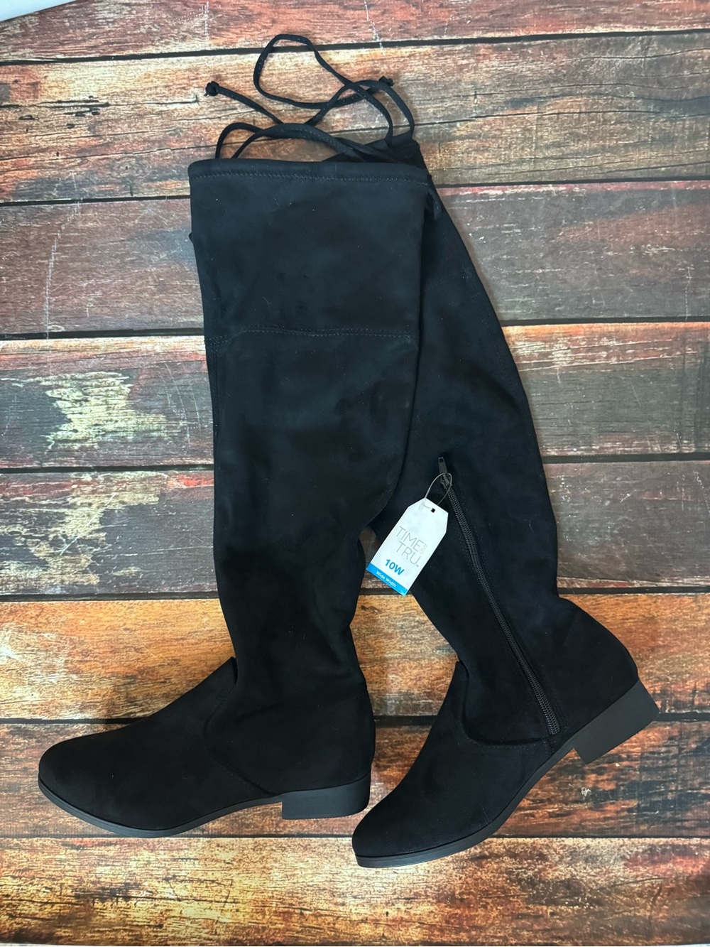 Black Over the Knee Faux Suede Boots Wide Width Tie Back 10 W